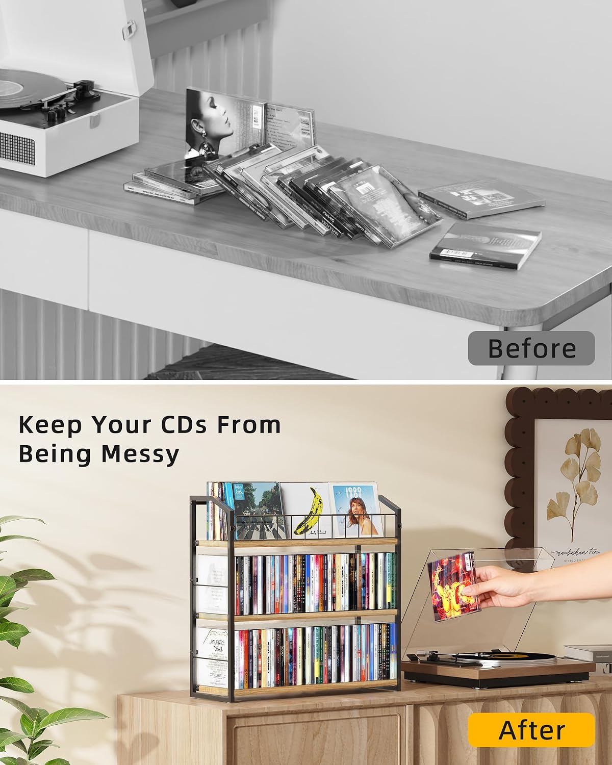 3-Tier CD Holder, CD Storage Rack for Non-slip Feet, Premium Display Organizer Tower for Collection, Modern Heavy-Duty Storage Shelf 11 lb Per Shelf Capacity, Store up to 123 CDs