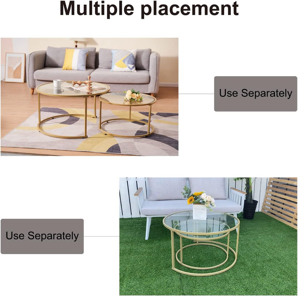 Modern Nesting Glass Coffee Table Set of 2, Round Tempered Glass Coffee Table for Living Room & Bedroom, Space-Saving Design with Adjustable Feet (Large Size + Black Frame)