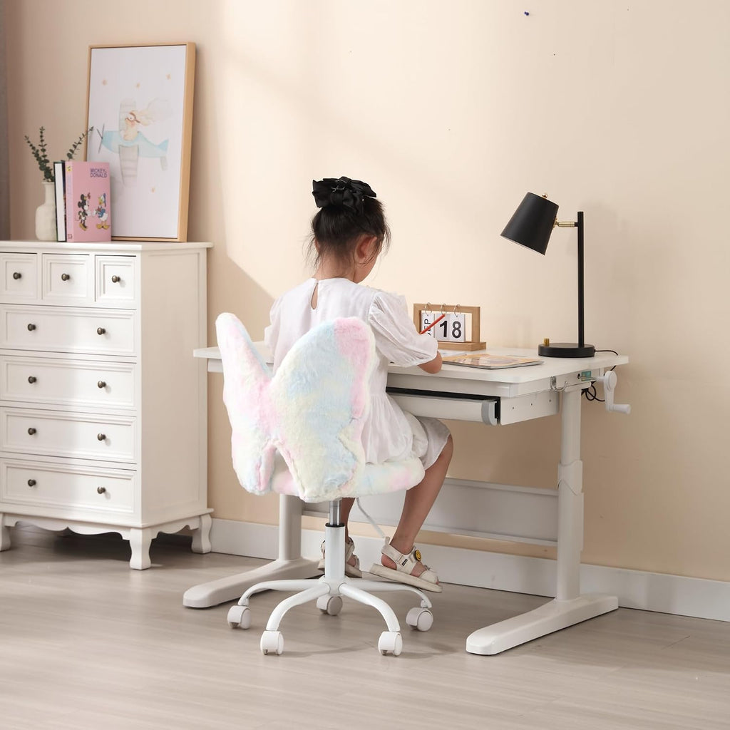 Kmax Kids Desk Chair, Faux Fur Butterfly Chair with Wheels Adjustable Cute Swivel Kids Office Chair for Bedroom Reading Room - Colorful