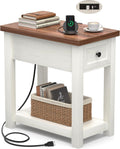 Narrow End Table with Charging Station - Farmhouse Side Table with Drawer, 14" Wide Wood Nightstand Slim Couch Bedside Table for Living Room Bedroom Small Spaces, 2-Tone Antique White & Brown