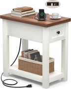 Narrow End Table with Charging Station - Farmhouse Side Table with Drawer, 14" Wide Wood Nightstand Slim Couch Bedside Table for Living Room Bedroom Small Spaces, 2-Tone Antique White & Brown