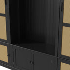 Large Hall Tree with Bench & Rattan Doors, 4-in-1 Entryway Coat Rack with Shoe Storage, 4 Hooks, Shelves, Mid-Century Shoe Bench for Hallway Mudroom, Black, 63.2”W x 15.7”D x 76.8”H