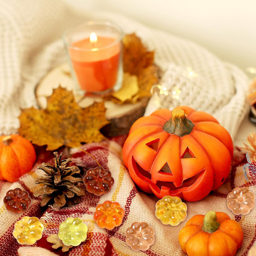 120Pcs Mini Pumpkins Ornaments Pumpkin Vase Filler Acrylic Pumpkin Crystals Gems Table Scatters for Fall Autumn Thanksgiving Halloween Decoration Party Favors Craft Supplies