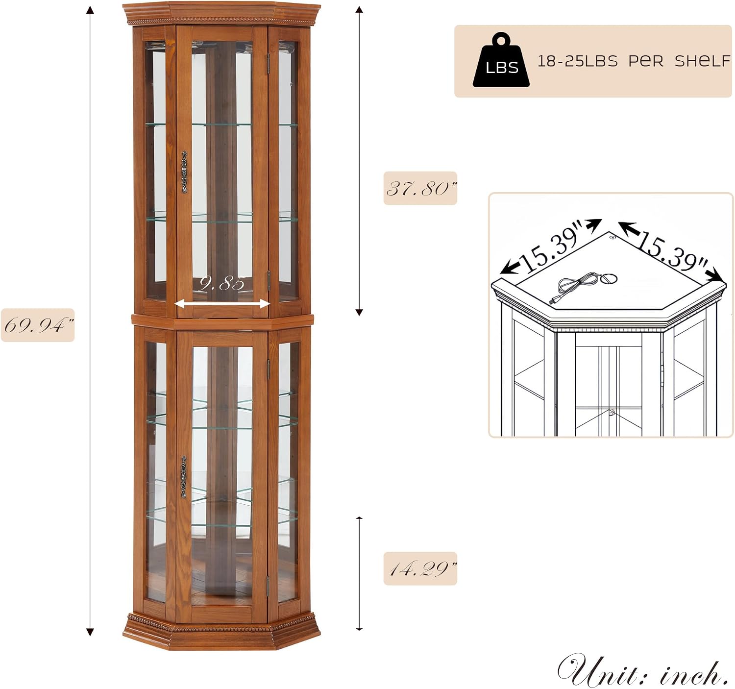 Corner Curio Cabinet with Light Bulb, Tempered Glass Doors, Floor Standing Glass Display Cage with 6 Tempered Glass Shelves, Wine Cabinet Storage Rack for Bar and Liquor Storage (Oak)