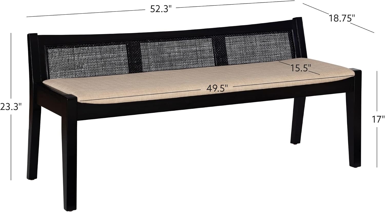 Powell Kasi Black Low Back Cane Bench with Beige Upholstered Seat