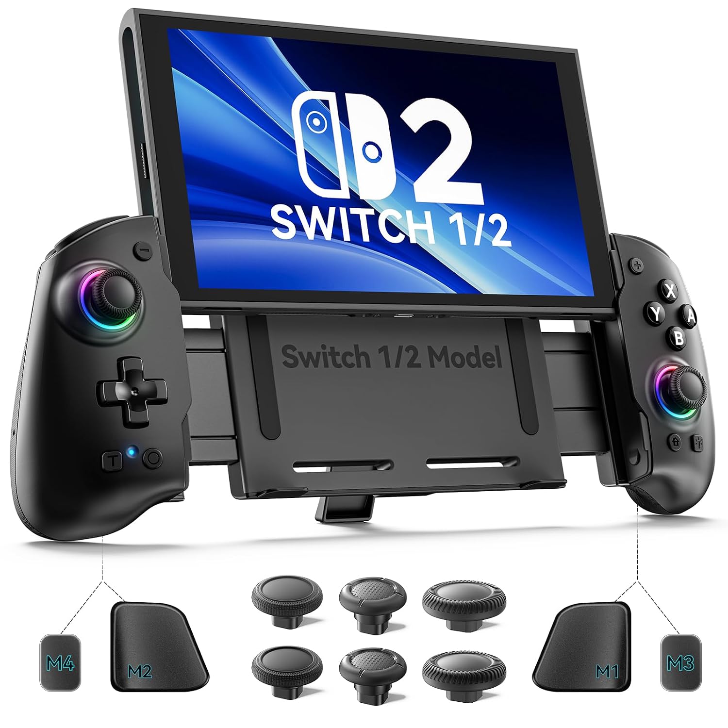 Handheld Grip Controller for Switch 1/2/OLED, Ergonomic Stretch Joypad with TMR Joysticks, Wireless Controller for SW Console, Switch Accessories with RGB Lighting, Turbo, 4 Macros & Card Slot