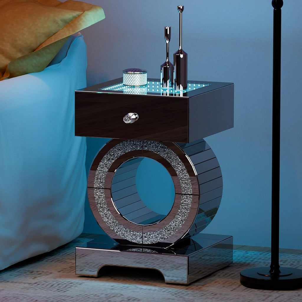 IKIFLY Mirrored Nightstand Set of 2, LED End Table with Storage Drawer, Silver Accent Beside Table with Crushed Diamond for Living Room, Bedroom and Office (Remote Control Included)
