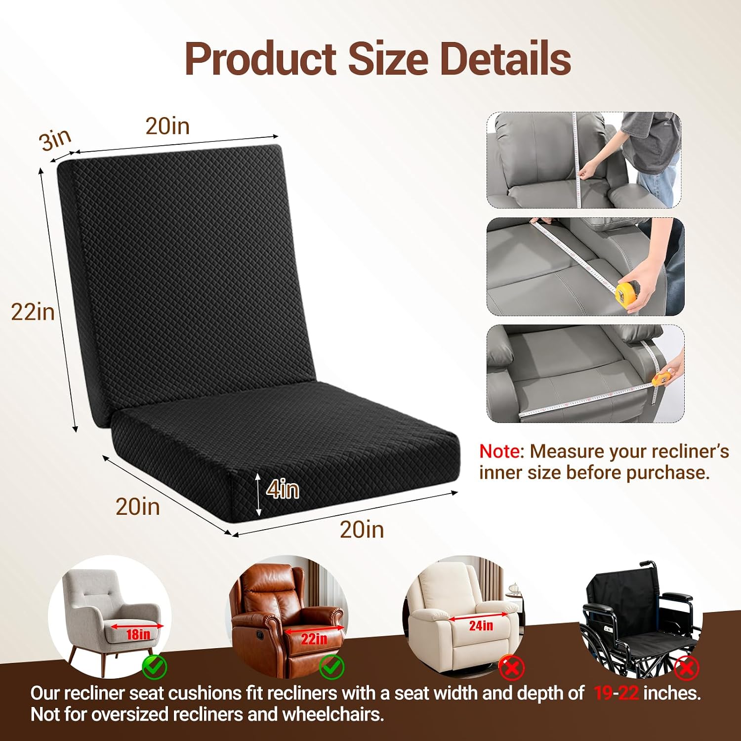 Recliner Cushions for Elderly,20x20x4 Inch Thick Egg Crate Foam Seat Cushion with Back Support Pillow for Reduce Hip & Lumbar Pain, Non-Slip Bottom and Removable Washable Cover,Black