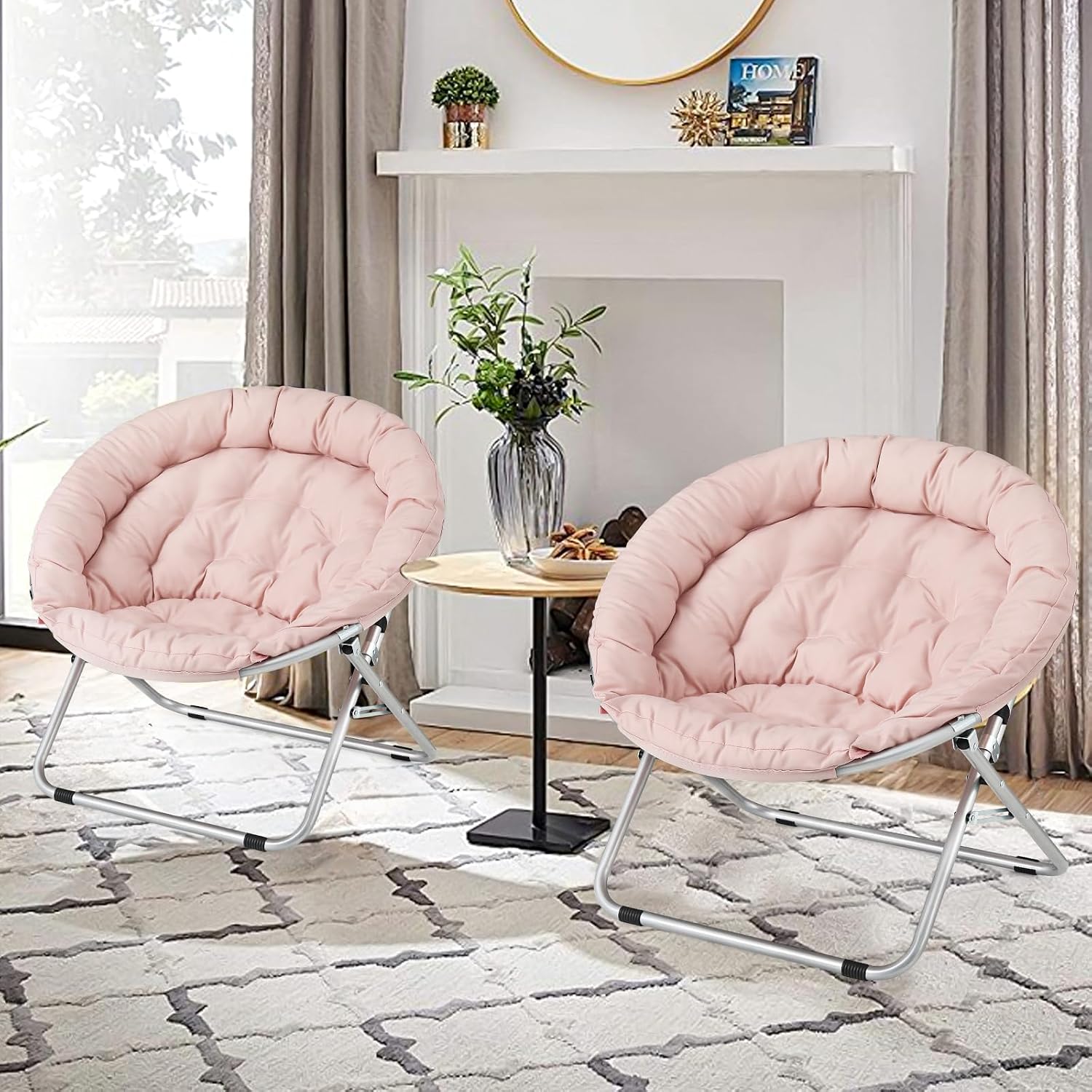 Athena Collection Comfy Saucer Chair Folding Cozy Chair for Bed Room Living Room Accent Chair Fabric Reading Chair Foldable Metal Frame Lazy Chair Moon Chair for Adult, Pink