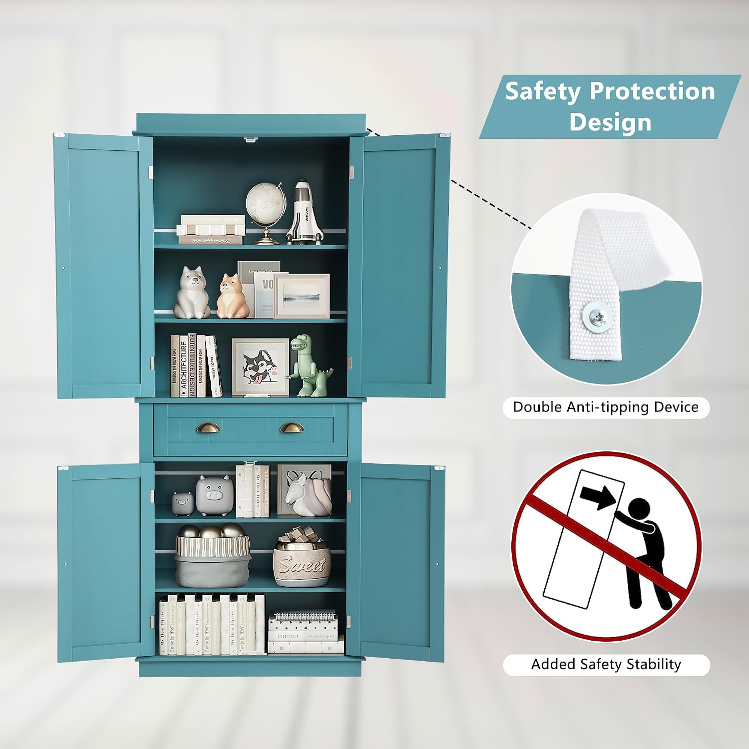 KIGOTY 72" Tall Kitchen Pantry Cabinet with Drawer and 4 Adjustable Shelves, Freestanding Pantry Storage Cabinets, Wood Cupboard Pantry Cabinet for Kitchen, Dining Room, Living Room, Turquoise