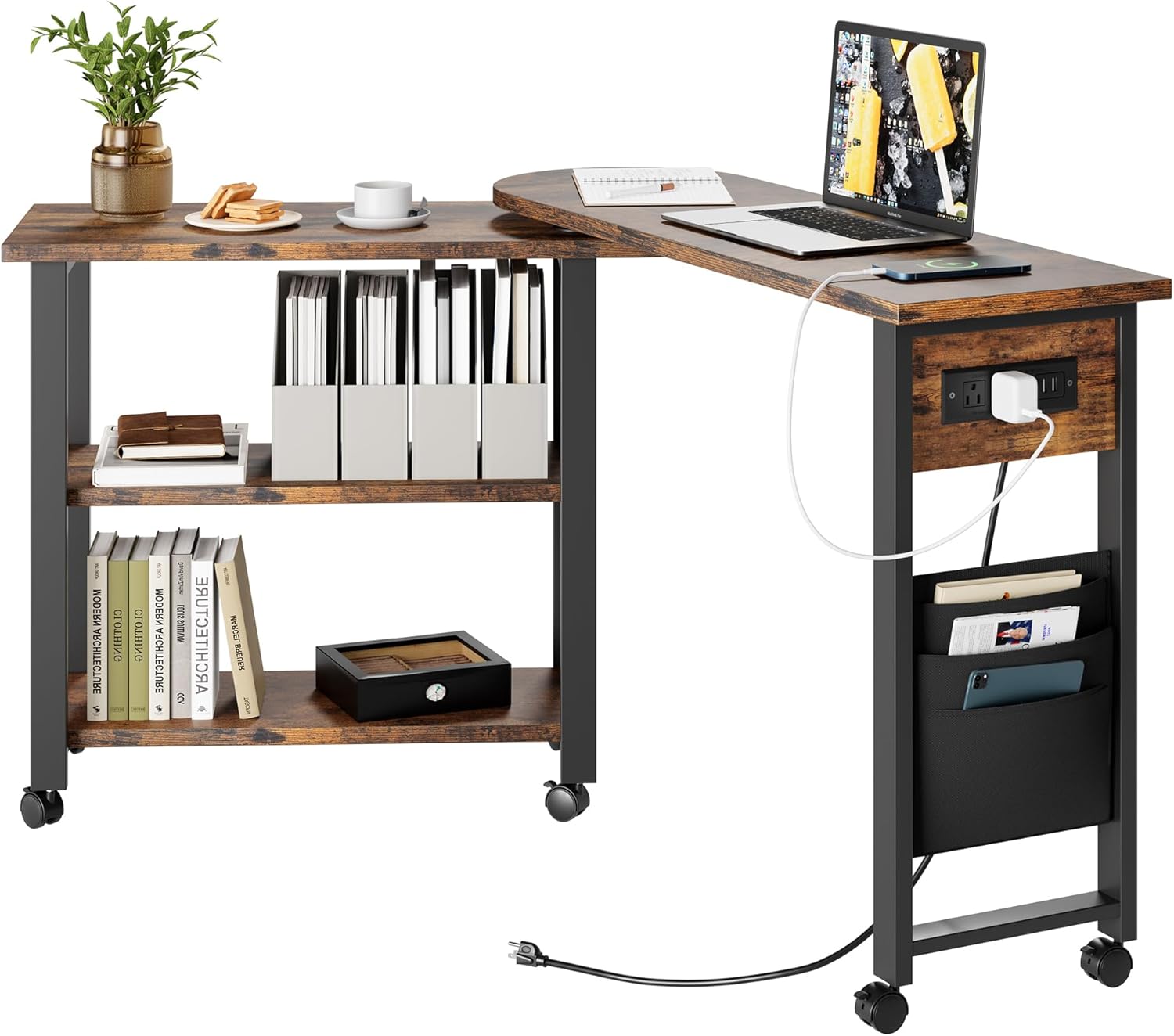 GarveeHome Rotating Side Table 360° End Table with Charging Station Swivel Side Table with Extra Storage Bag Movable End Table with 6 Swivel Wheels with Brakes for Bedroom Living Room
