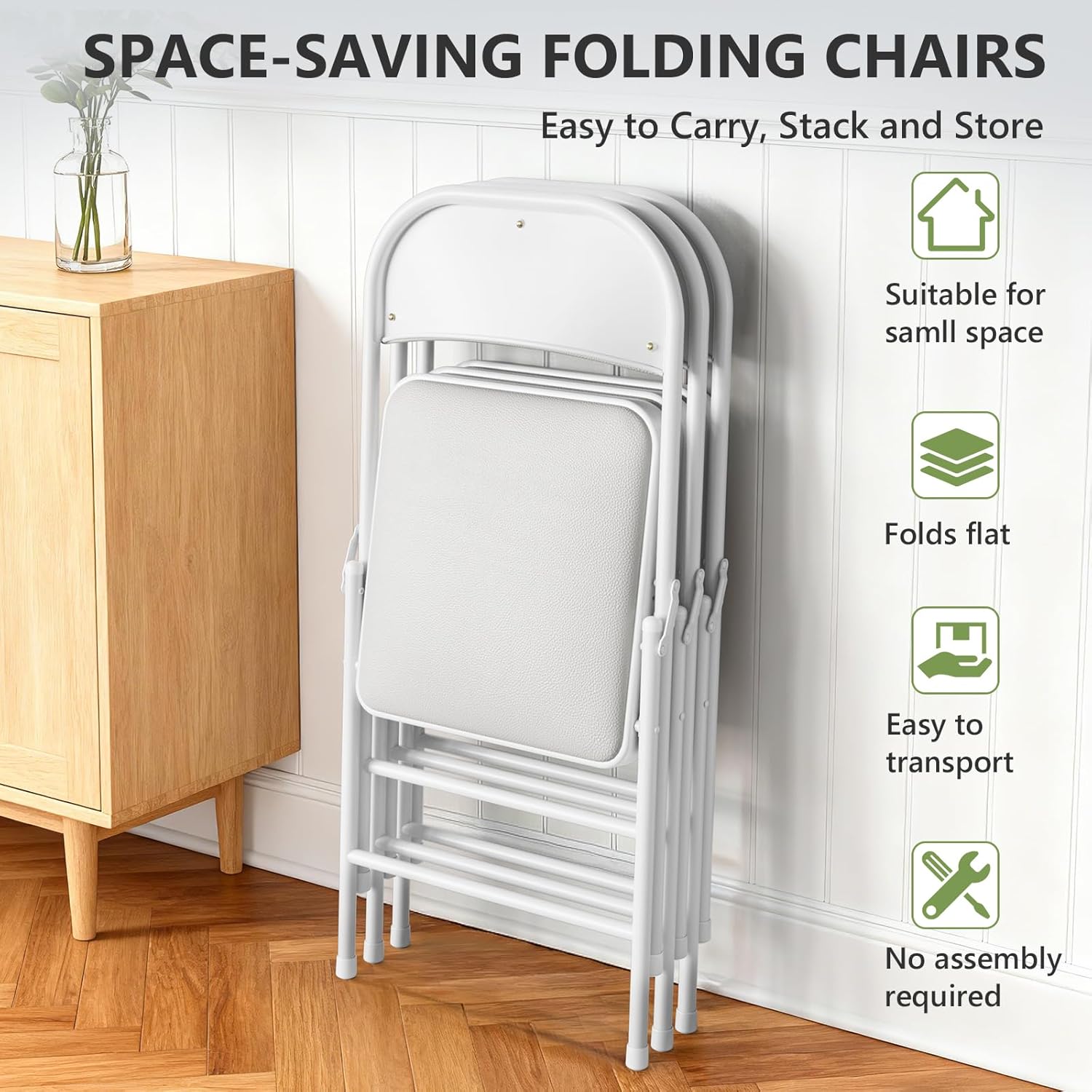 Folding Chairs 4 Pack,350 lbs Heavy Duty Metal Frame Folding Chairs with PU Leather Cushion, Ergonomic Foldable Chair with Non-Slip Feet, Portable Stackable Seating for Office Wedding Camping-White