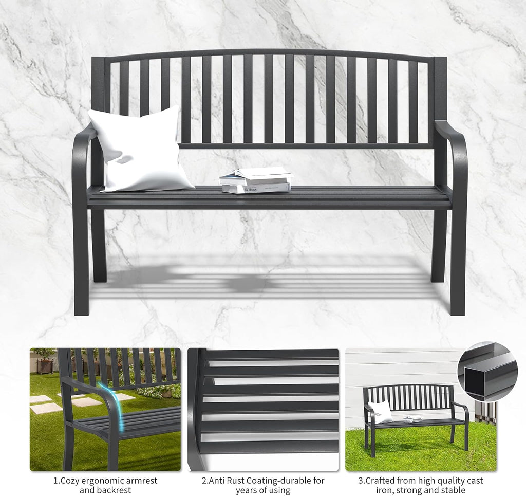 YLGJ&TIDY 50 Inches Garden Benches for Outdoor Patio Bench with Stripe Pattern Backrest Armrest Weatherproof Park Benches Metal Bench for Garden Park Porch Lawn Yard (Vertical Line)