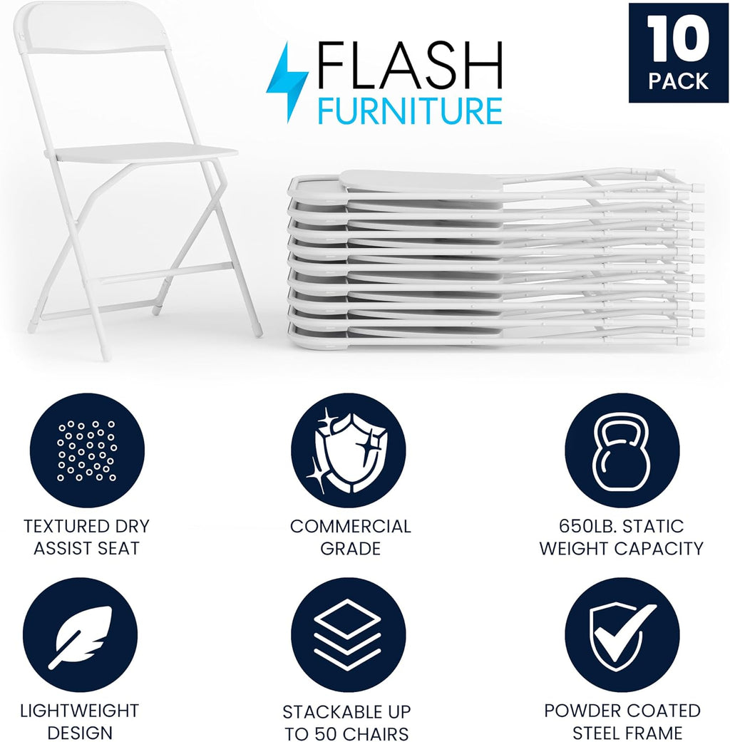 Flash Furniture Hercules Set of 10 Indoor/Outdoor Heavy-Duty Plastic Folding Chairs, Foldable Commercial Stacking Chairs with 650-lb. Static Weight Capacity, White