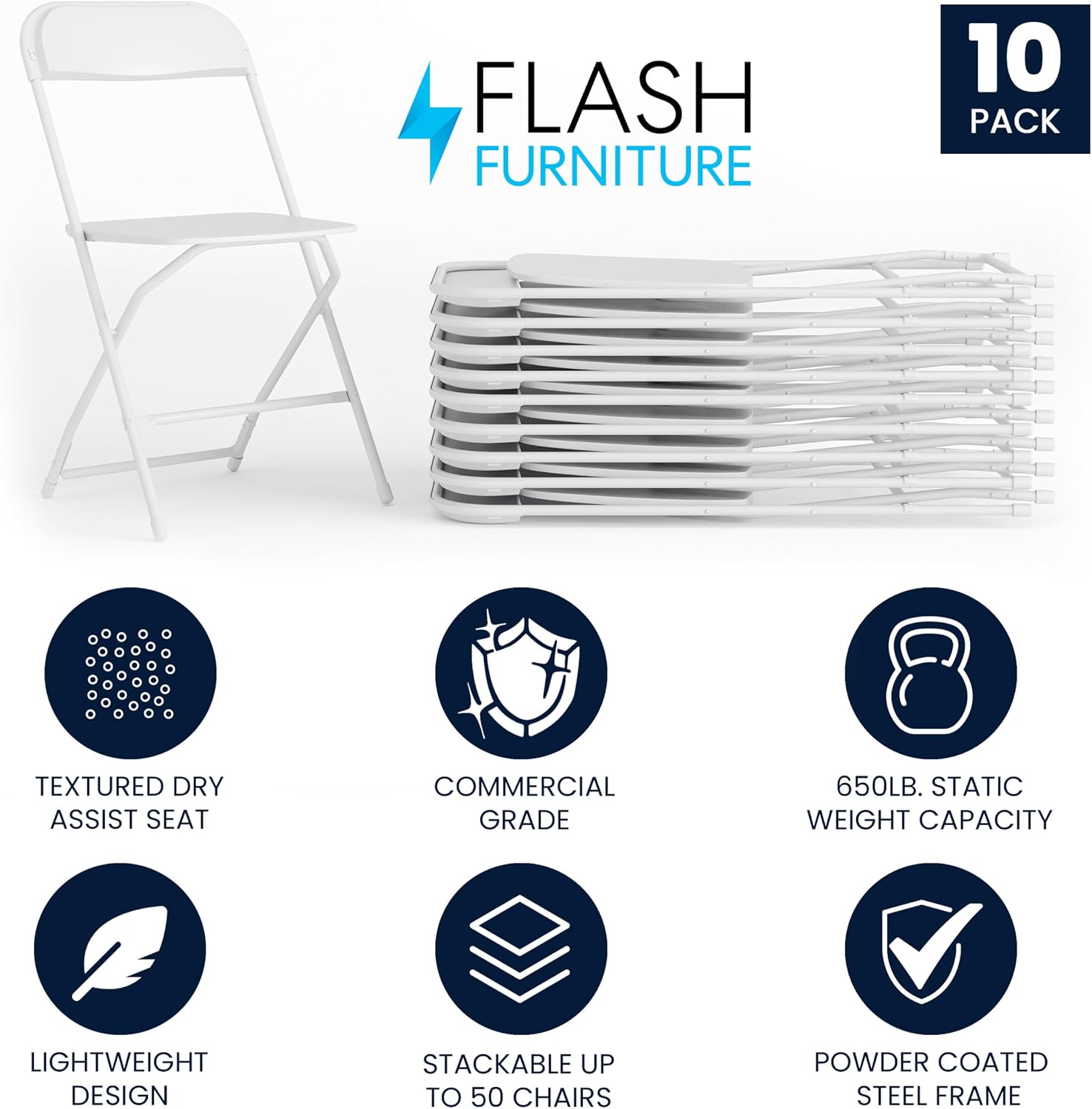 Flash Furniture Hercules Set of 10 Indoor/Outdoor Heavy-Duty Plastic Folding Chairs, Foldable Commercial Stacking Chairs with 650-lb. Static Weight Capacity, White