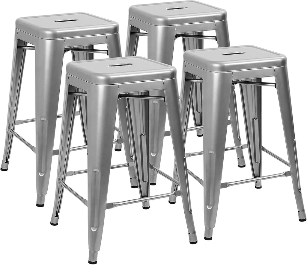 Devoko Metal Bar Stools 24" Indoor Outdoor Stackable Barstools Modern Style Industrial Vintage Counter Bar Stools Set of 4 (24 inch, Silver)