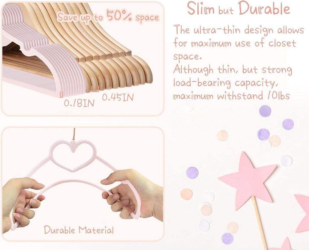 OneDream Pink Velvet Baby Hangers - 50 Pack 11inch Heart Toddler Hangers with 20pcs Clips, Non-Slip Strong and Durable Baby Clothes Hangers Without Slipping, Ultra Slim and Stackable Space Saving