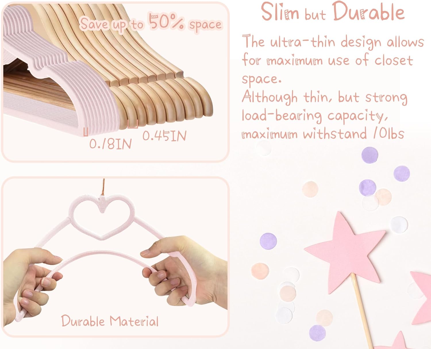 OneDream Pink Velvet Baby Hangers - 50 Pack 11inch Heart Toddler Hangers with 20pcs Clips, Non-Slip Strong and Durable Baby Clothes Hangers Without Slipping, Ultra Slim and Stackable Space Saving