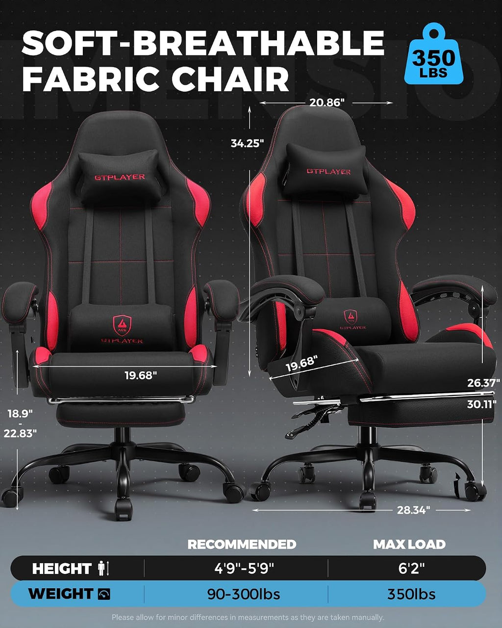 GTPLAYER Gaming Chair Fabric with Pocket Spring Cushion,Computer Office Chair with Lumbar Support for Adults Linkage Armrests and Footrest Ergonomic Gamings Chairs Height Adjustable RED