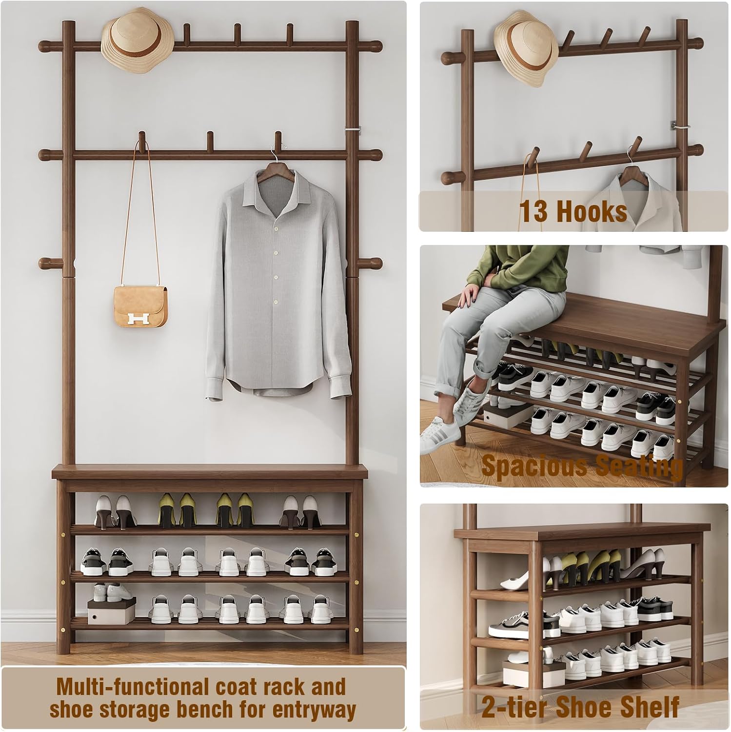 Bamboo Hall Tree with 13 Hook, 6-in-1 Entryway Bench with Coat Rack Freestanding, Coat Rack with Shoe Storage Bench Organizer for Mudroom, Bedroom, All-in-One Shoe Rack,Walnut