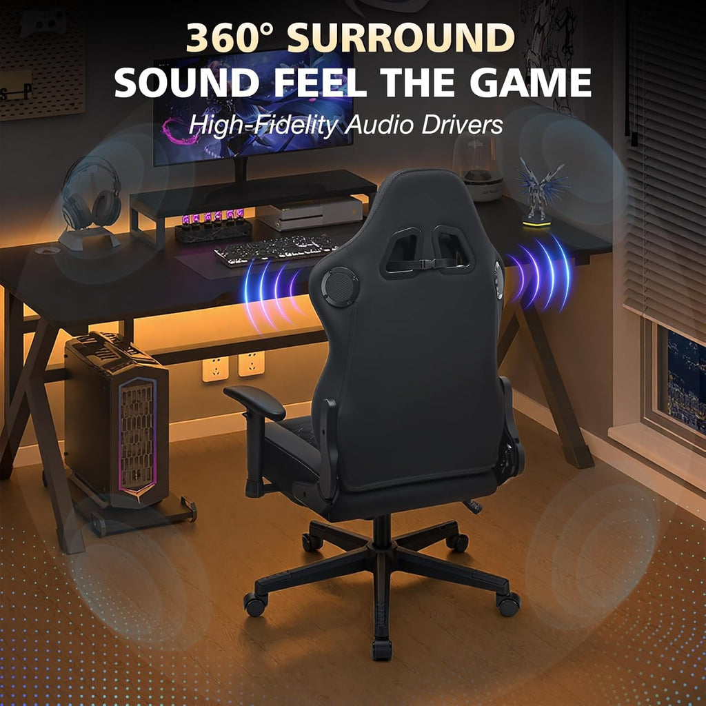 HOFFREE Gaming Chair with Speakers Bluetooth Massage Gaming Chairs for Adults Suede Fabric 165° Reclining Ergonomic Computer Chairs with Footrest Pocket Spring Cushion High Back Gamer Chair Black