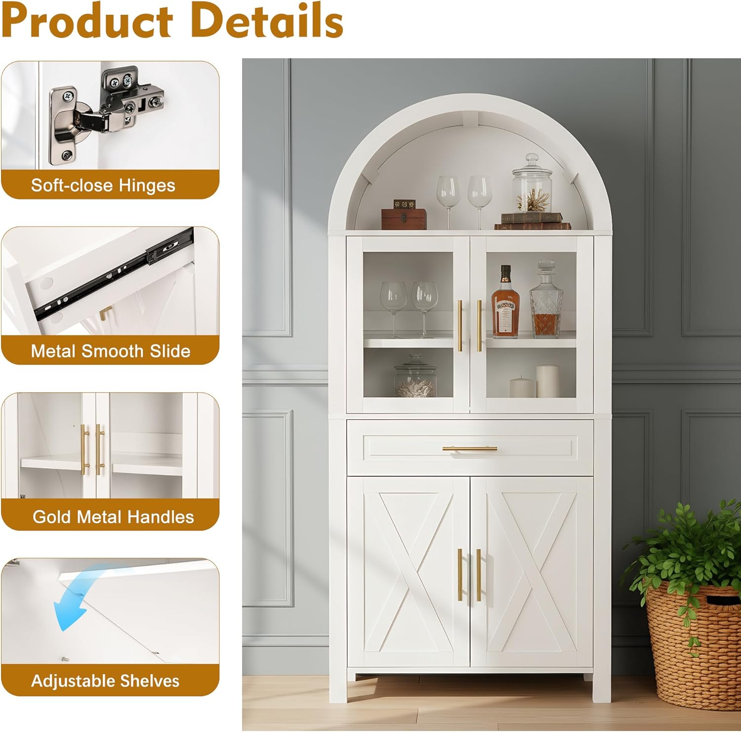 Mirightone 71" Tall Arched Kitchen Pantry, Farmhouse Storage Cabinet, Display Storage with Door Rack, Adjustable Shelves, Versatile Cupboard for Kitchen, Living Room, Dining Room, White