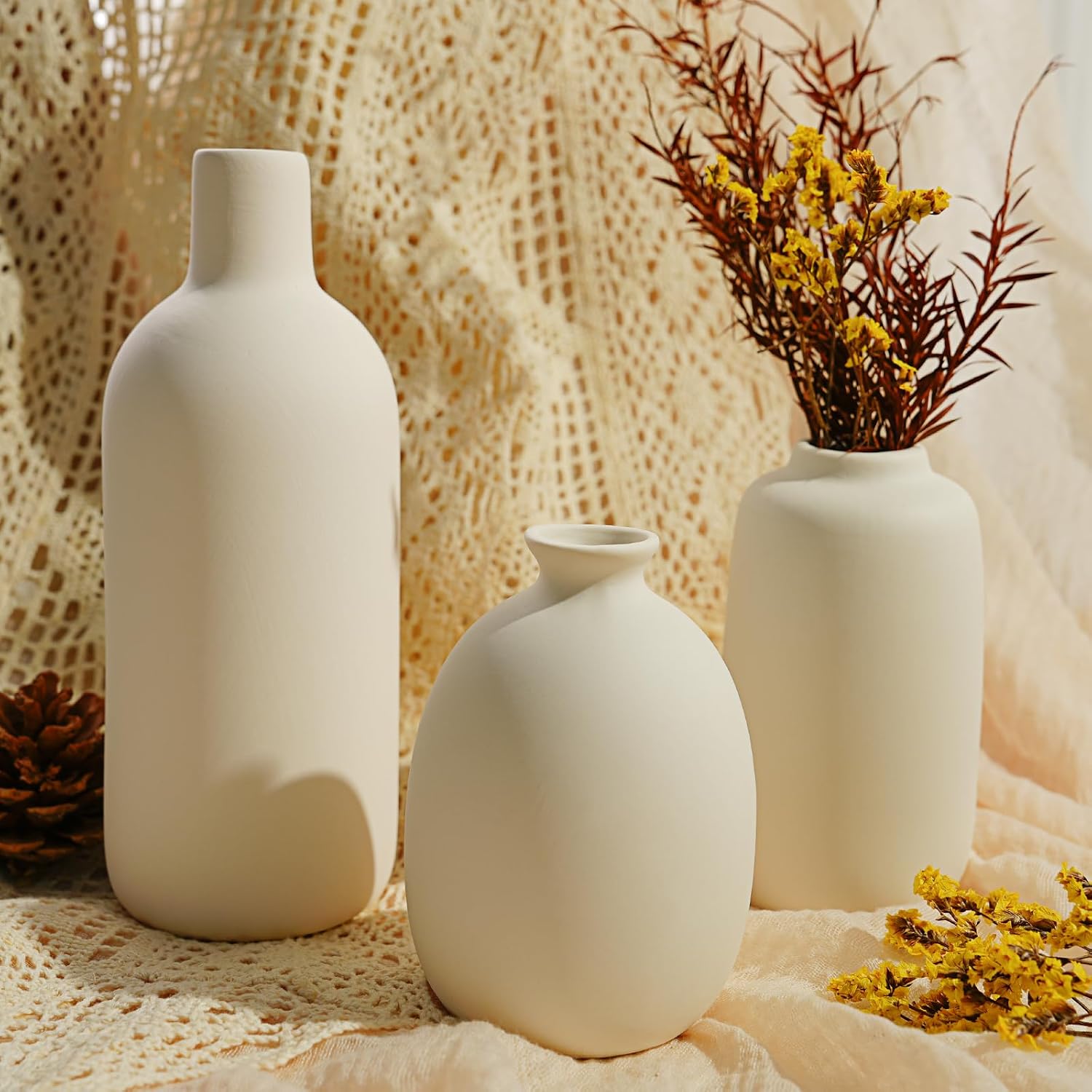 Small White Ceramic Vase Set of 10 Ceramic Bud Vases in Bulk Modern Farmhouse Boho VaseS for Pampas Grass, Flowers, Decorative Ceramic White Flower Vases for Home Decor, Entryway Table Decor