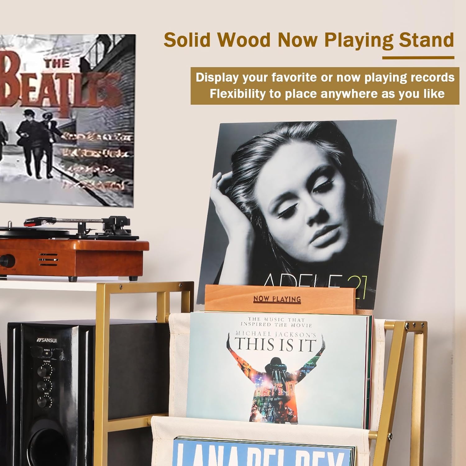 HYCFYJR Stand for Record Player, 3 Tier Vinyl Record Storage with Now Playing Holder, Turntable Stand, Vinyl Display with Speaker Storage for Living Room, Gold White