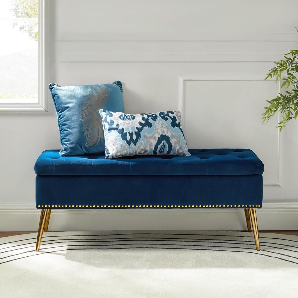 45.5" Luxury Velvet Storage Ottoman Bench with Button Tufted & Nailhead Trim, Upholstered Entryway Benches with Gold Legs, Multi-Functional Footstool for Bedroom End of Bed, Navy