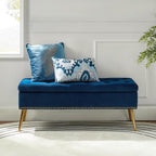 45.5" Luxury Velvet Storage Ottoman Bench with Button Tufted & Nailhead Trim, Upholstered Entryway Benches with Gold Legs, Multi-Functional Footstool for Bedroom End of Bed, Navy