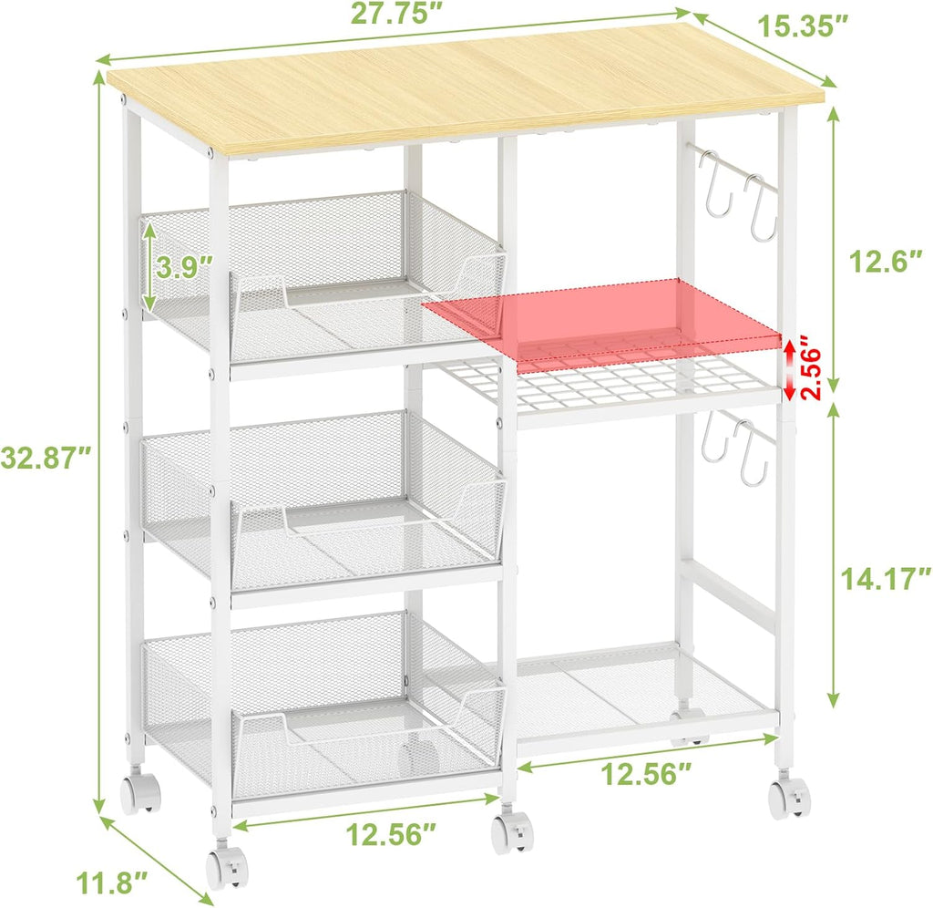 Rolling Kitchen Storage Microwave Cart & Kitchen Island on Wheels, Adjustable Shelf, Lockable Wheels, 27.75" L × 15.35" W, Bakers Rack Microwave Stand with Tilt-Out Baskets, Kitchen, Coffee Bar, White