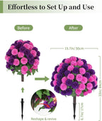 Fake Outdoor Flowers with Stakes - Set of 2 Pink Purple 33" H X 19.7" W Artificial Mums Topiary Flower Balls for Front Porch Planters Decor - Faux Silk Floral Bushes Plants for Outside Patio Yard