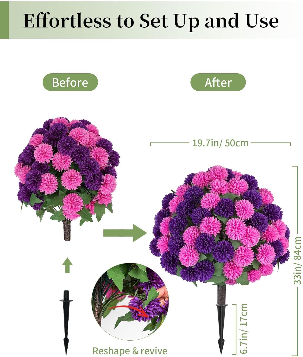 Fake Outdoor Flowers with Stakes - Set of 2 Pink Purple 33" H X 19.7" W Artificial Mums Topiary Flower Balls for Front Porch Planters Decor - Faux Silk Floral Bushes Plants for Outside Patio Yard