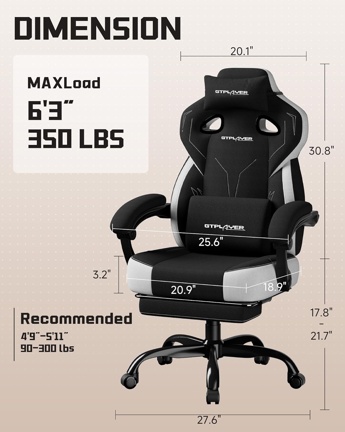 GTPLAYER Gaming Chairs for Adult - Ergonomic Big & Tall Gaming Seat with Footrest & Lumbar Support, Comfortable Office Chair 90-155° Reclining - Heavy Duty Wide Computer Seat, New Black