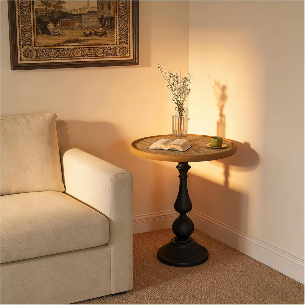 Vintage Round Pedestal End Table, 19.9" French Country Side Table with Natural Wood Top & Black Metal Base, Retro Accent Table for Living Room, Bedroom, Entryway, Small Spaces