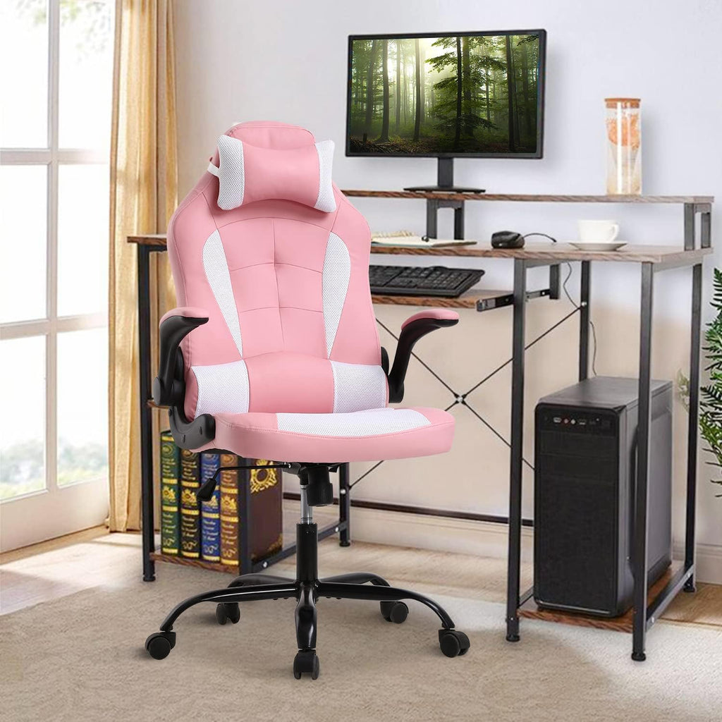 Pink Gaming Desk Chair PC Gaming Chair Gamer Chair, Comftorable Ergonomic PU Leather Computer Office Chair with Lumbar Support Flip Up Arms, High Back Executive Gaming Stuff for Girl Kids Adults