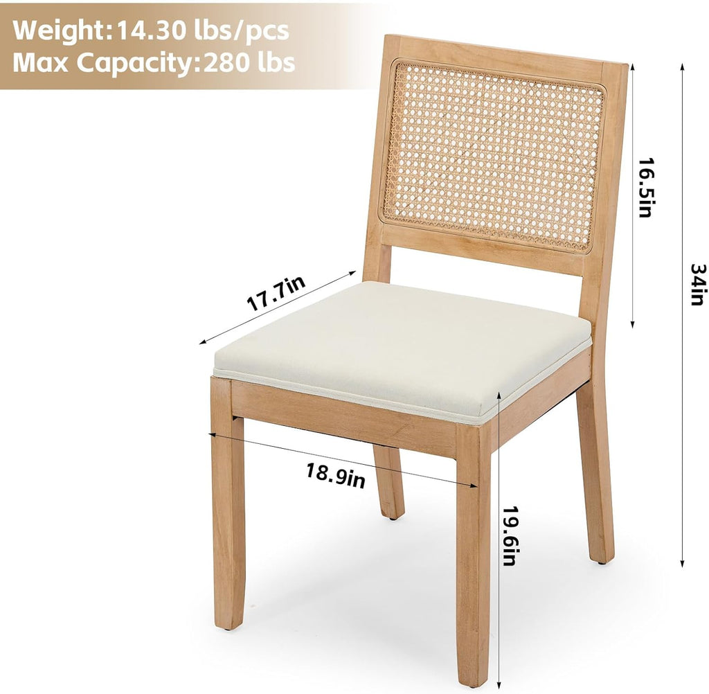 Rattan Dining Chairs Set of 2, French Country Cane Back Upholstered Kitchen Chairs, Solid Wood Farmhouse Side Chairs, Beige