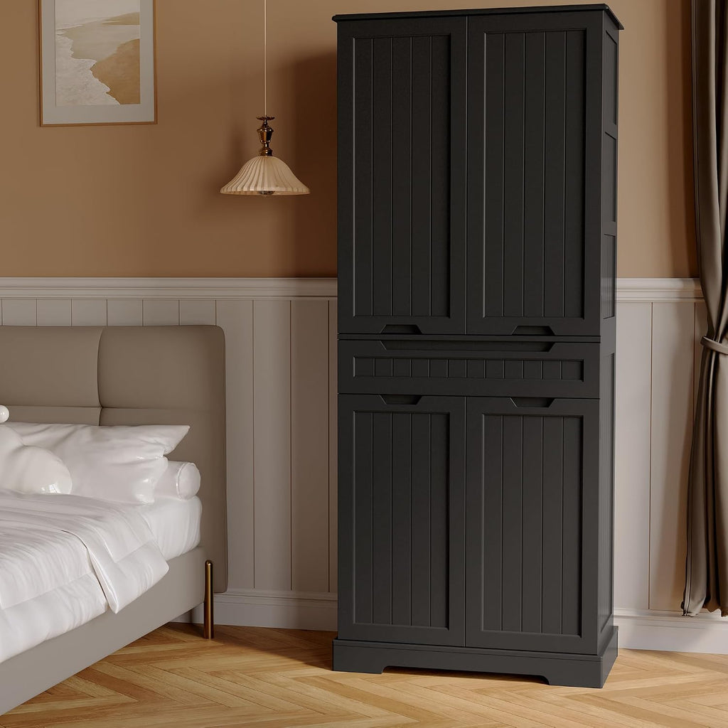 Gizoon 71" Tall Kitchen Pantry Cabinet with Doors and Adjustable Shelves, 5-Tier Multipurpose Pantry Storage Cabinet with Drawer Freestanding Organizer for Small Kitchen Bathroom Laundry Room, Black