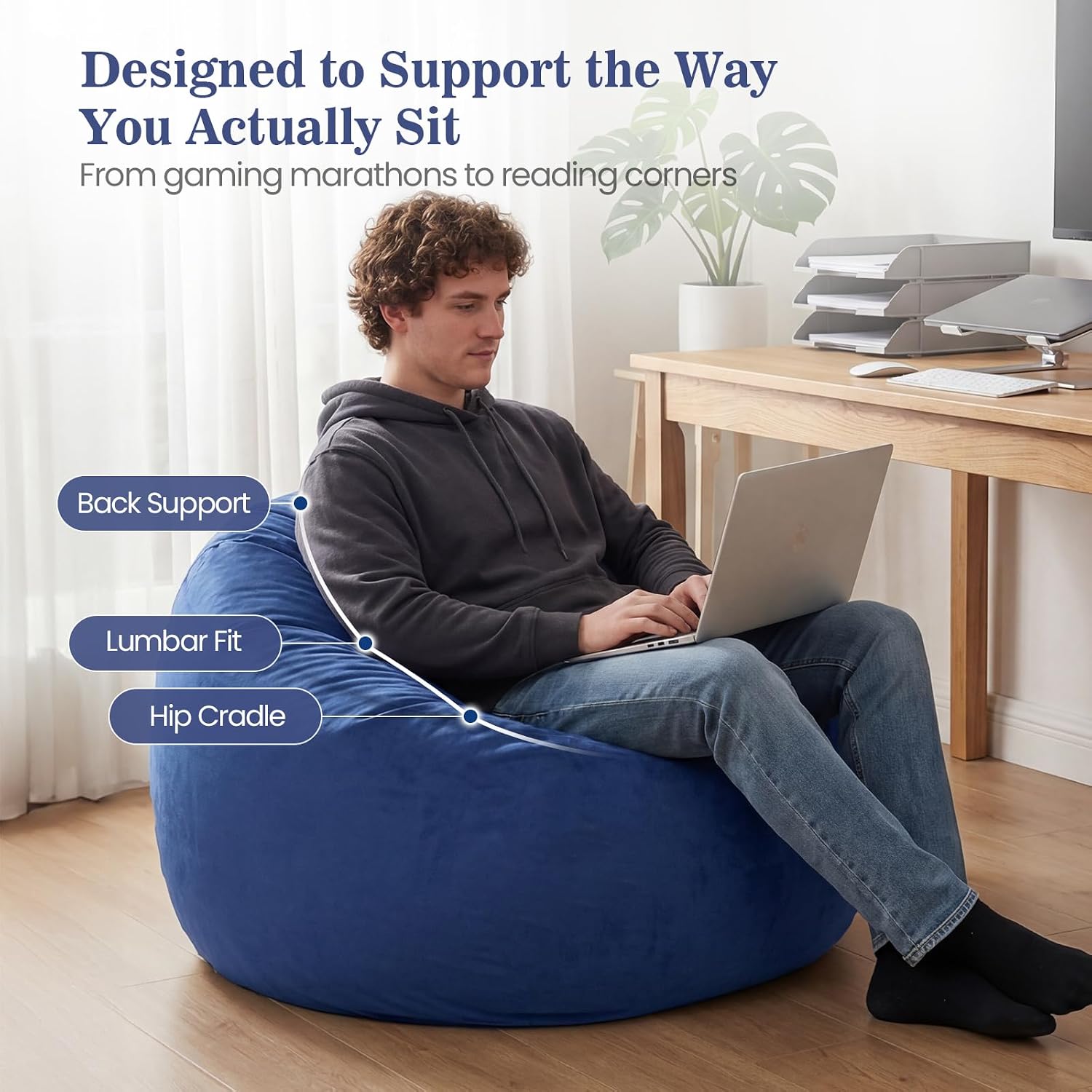 ACH Bean Bag Chair for Adults and Teens - 3ft Memory Foam Floor Chair, Perfect for Dorms, Gaming & Relaxing, Machine Washable Velvet Cover (Blue-Medium)