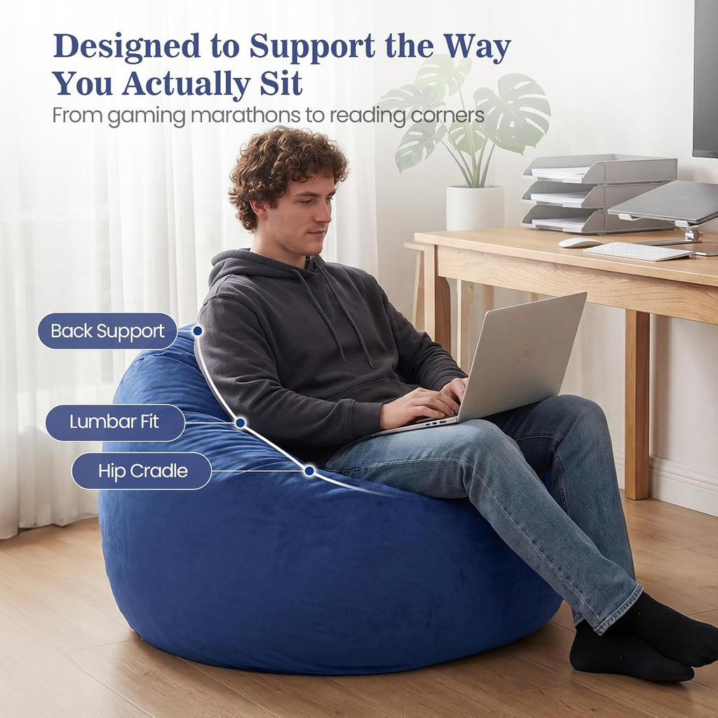 ACH Bean Bag Chair for Adults and Teens - 3ft Memory Foam Floor Chair, Perfect for Dorms, Gaming & Relaxing, Machine Washable Velvet Cover (Blue-Medium)
