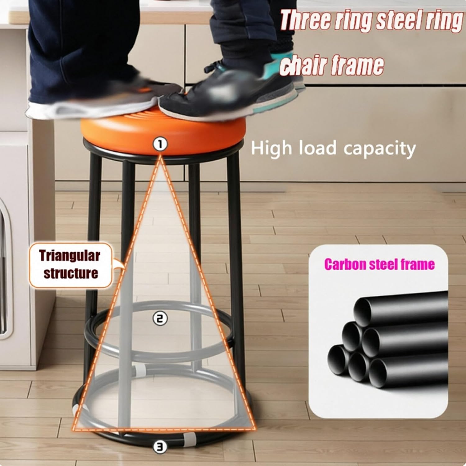 Bar Stools, Modern Dining Chair, Commercial Stainless Steel Stool, Office Three-Ring High Chair, for Kitchen Island, Corporate Reception(Black,58cm/23in)