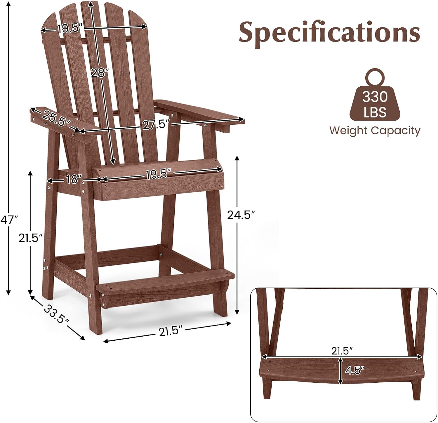 Tangkula Outdoor Bar Stool, HDPE Tall Adirondack Chair with Armrest & Footrest, Weather Resistant 47 Inch Counter Height Barstool Lifeguard Chair for Pool Deck Patio Garden, Balcony Chairs (2, Coffee)