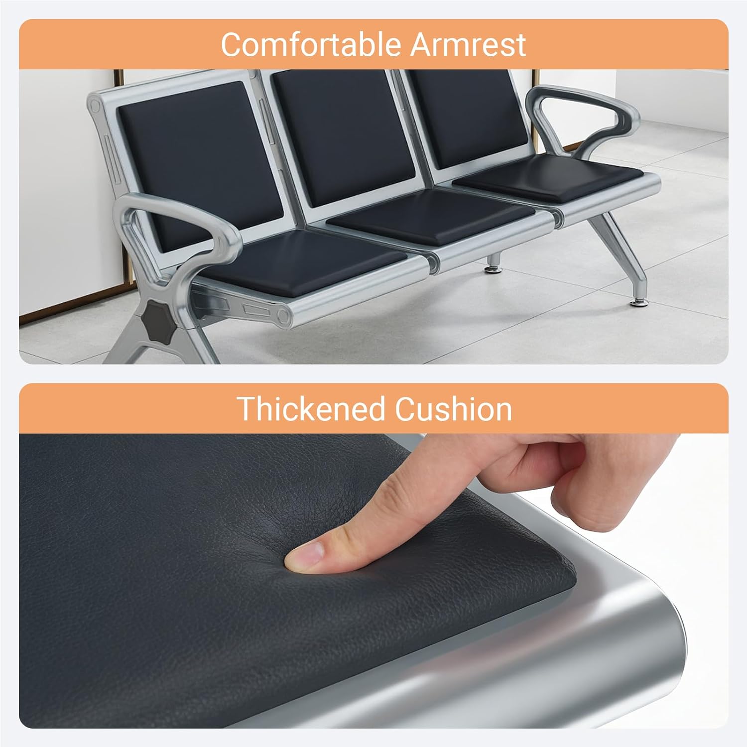 Kinfant 3-Seat Waiting Room Bench - PU Leather Waiting Room Chairs with Arms Airport Reception Bench, Lobby Bench Seating Office Bench Waiting Area Chairs for Airport Business Hospital Market