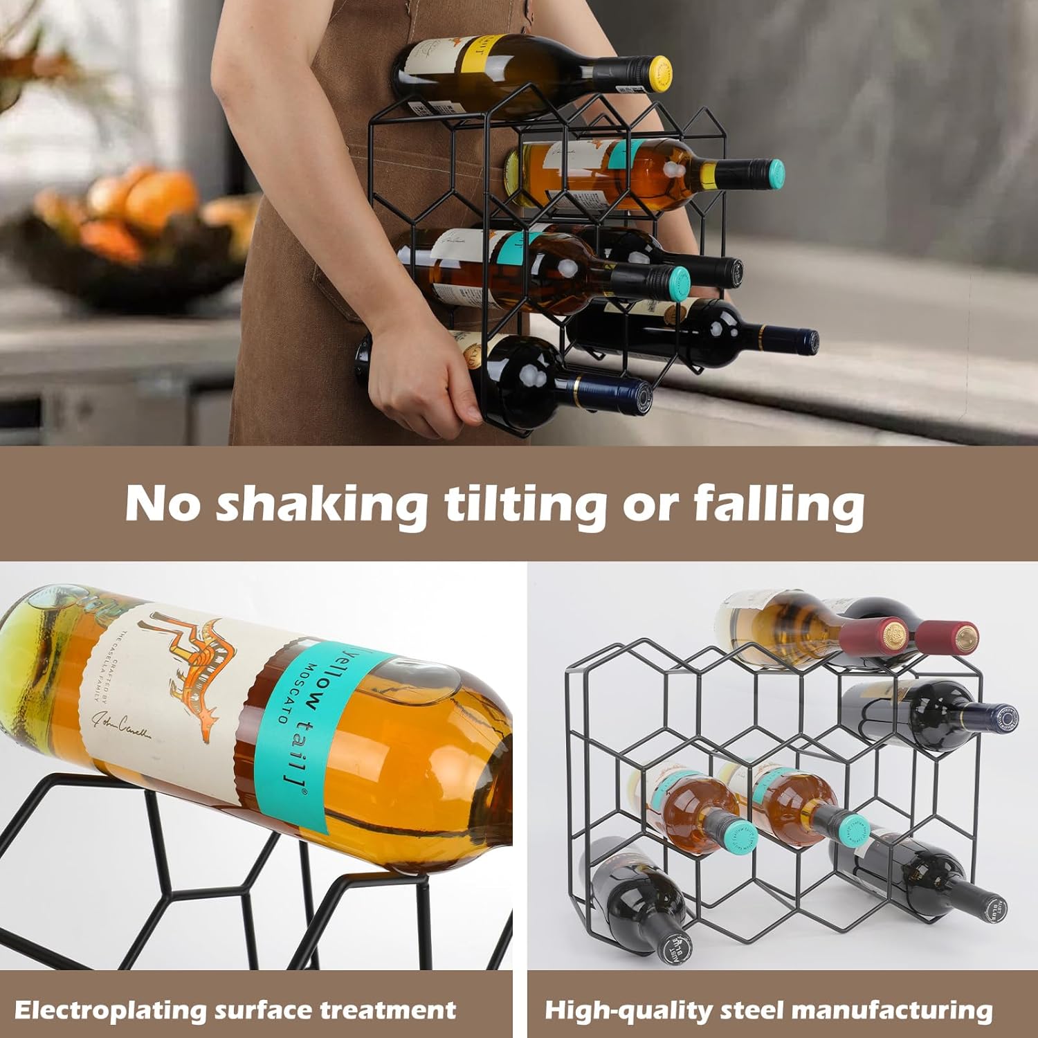 Black Countertop Wine Rack 14 Bottles, Geometric Stainless Steel Wine Bottle Holder,3 Tier Wine Racks for Cabinet Pantry Bar Table No Assembly Required