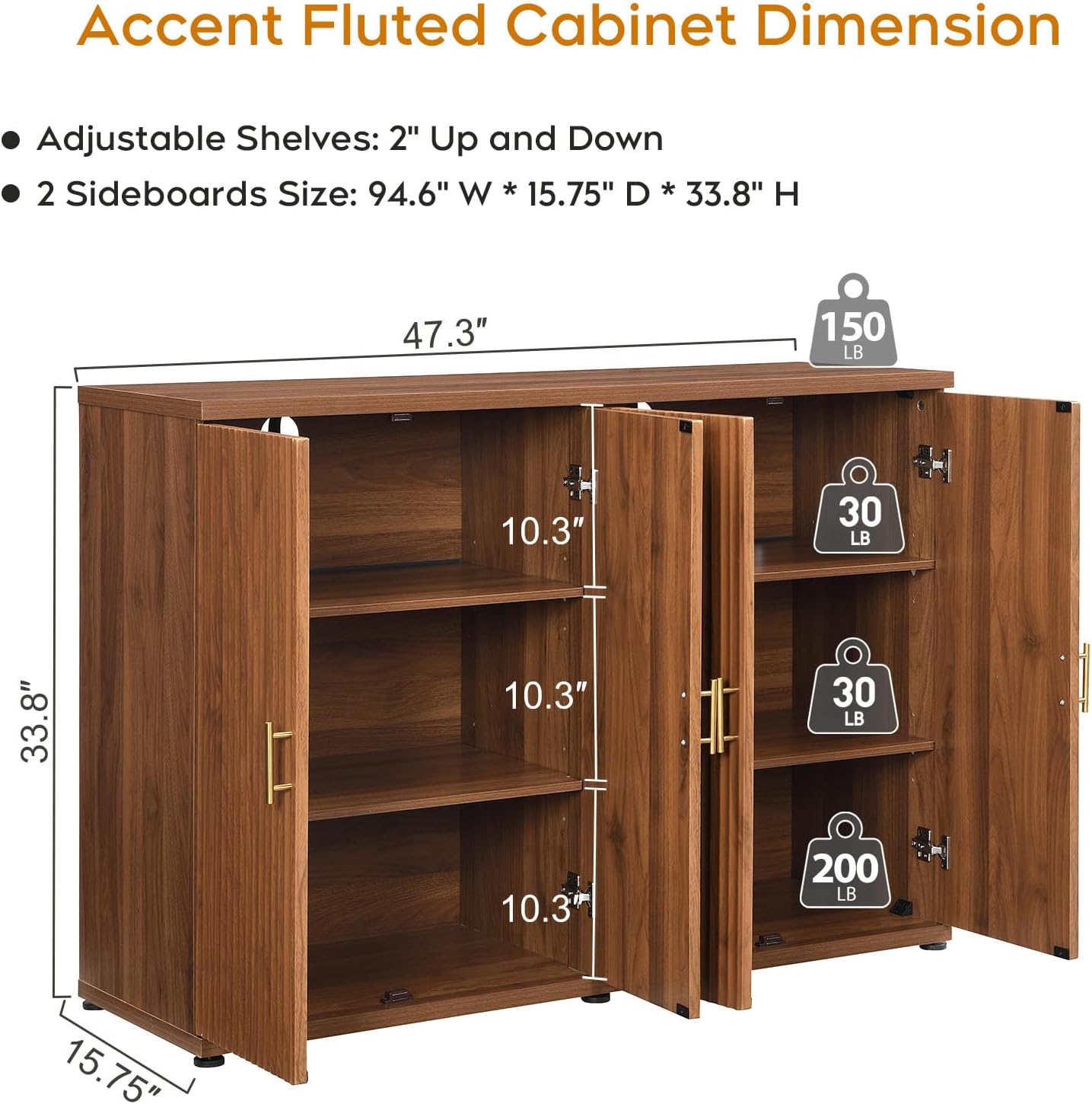 Yechen 94.6" Walnut Fluted Sideboard Buffet Cabinet with Storage and 8 Doors, Mordern Credenza Storage Cabinet with Adjustable Shelves, Media Console Table, for Living Room Dinning Kitchen(2 PCS)