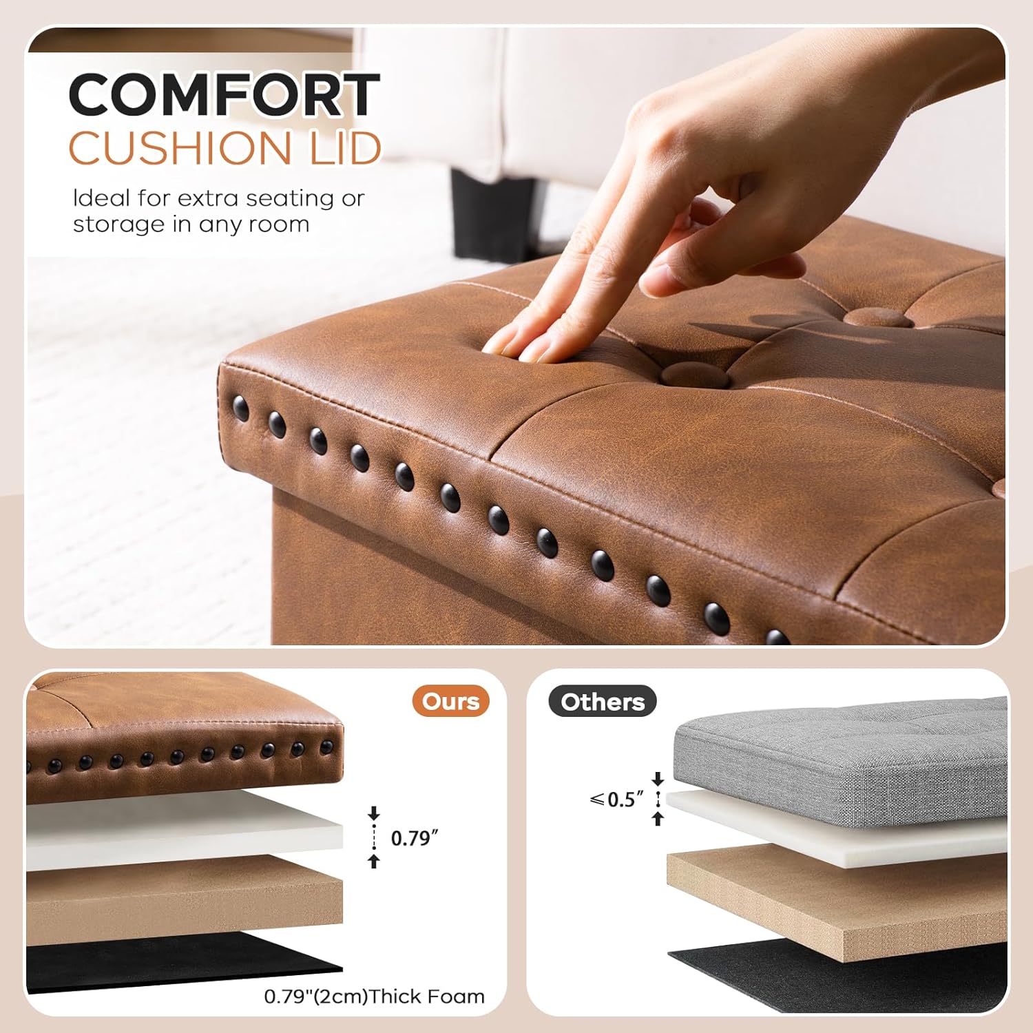 oakvivo 30 Inches Folding Storage Ottoman Bench, PU Leather Tufted End of Bed Bench, Foot Rest with Rivet Design, Ottoman with Storage, Load 330 lb, for Living Room, Bedroom, Entryway, Brown
