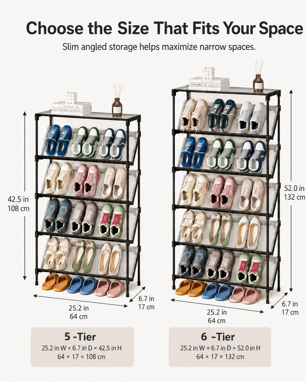 Space-Saving Angled Shoe Rack, 5/6-Tier Slim Entryway Organizer (5-Layer)