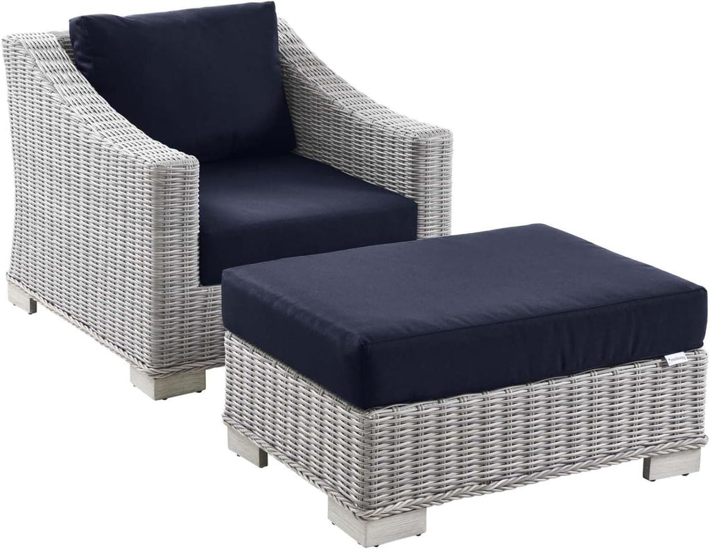 Modway Outdoor Patio Wicker Rattan 2-Piece Armchair and Ottoman Set in Light Gray Navy