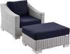 Modway Outdoor Patio Wicker Rattan 2-Piece Armchair and Ottoman Set in Light Gray Navy