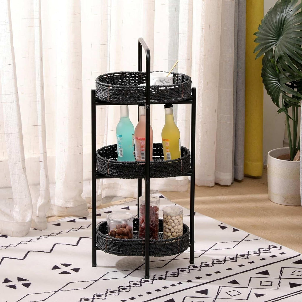 3-Tier Round Woven Storage Basket Stand with Metal Frame - Black Handcrafted Paper Rope Organizer for Living, Bedroom & Kitchen - Farmhouse Side Table with Portable Handle